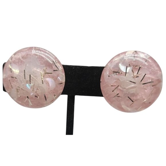 Pink Confetti Lucite Screwback Earrings Vintage Translucent w/Gold Tone Flakes - Picture 1 of 11